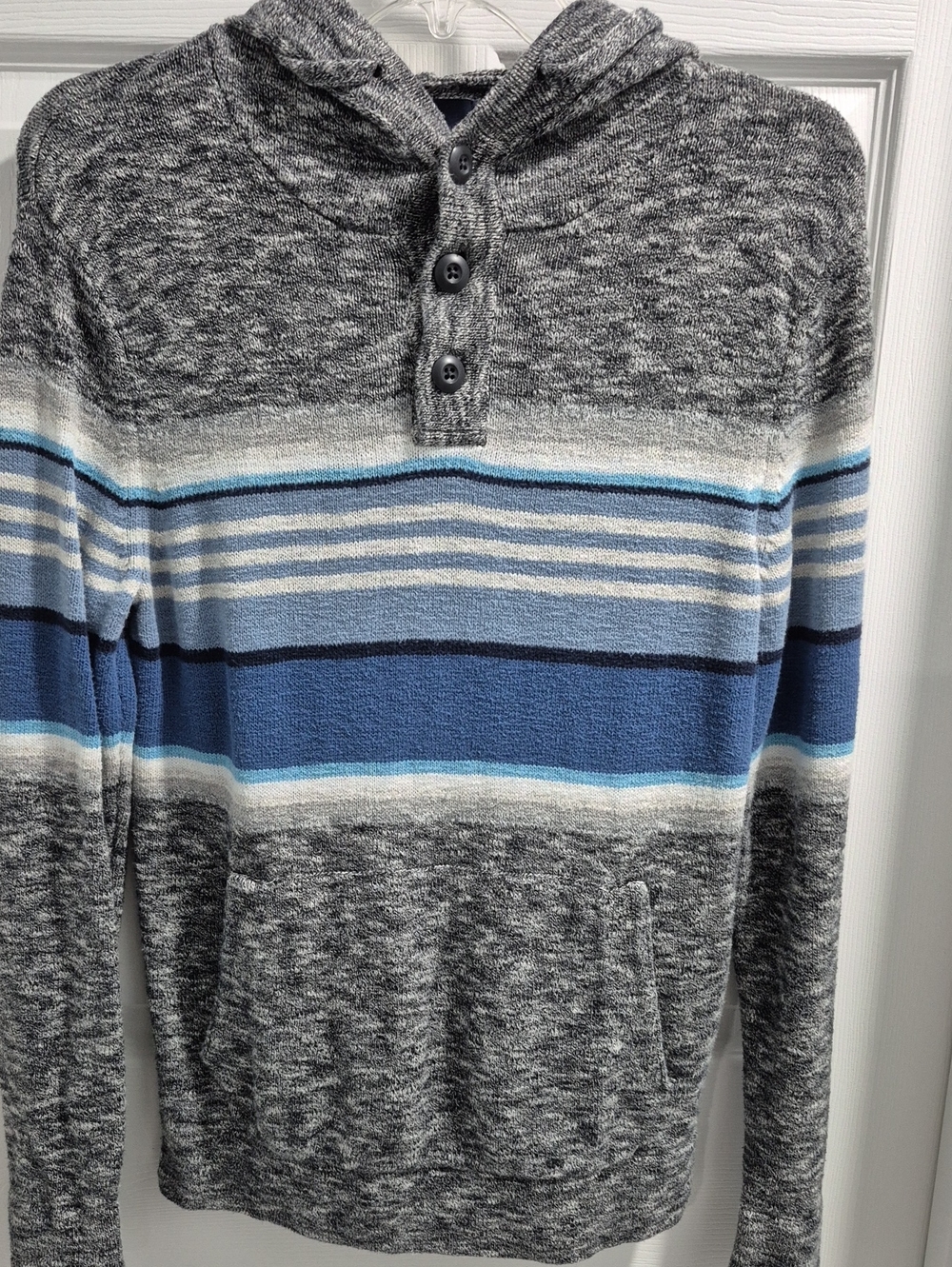 American Eagle Outfitters Gray Hooded Zip-Up Sweater with Blue Stripes